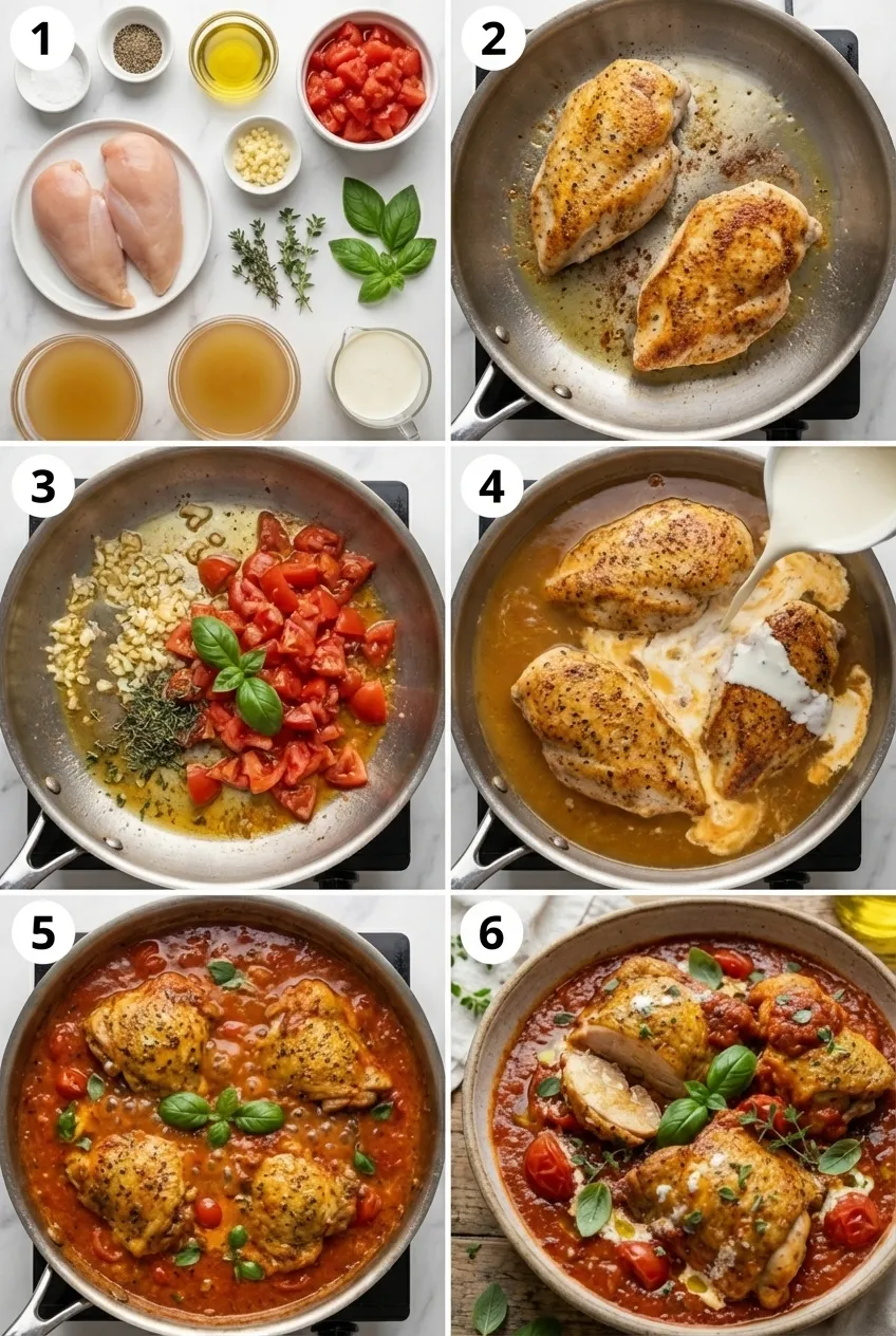 Creamy tomato chicken in a black skillet, garnished with fresh basil leaves.