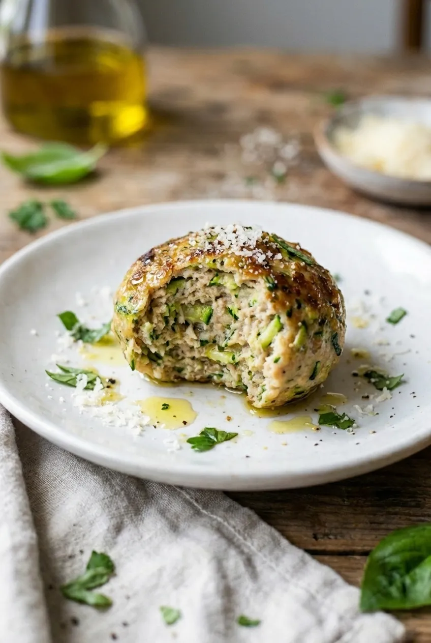 Baked zucchini turkey meatballs arranged on a white serving platter with a sprinkle of fresh parsley.