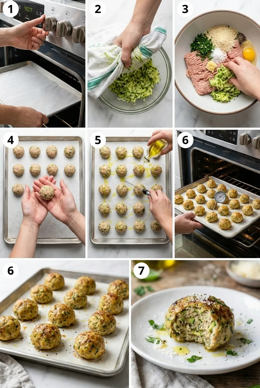 Baked zucchini turkey meatballs arranged on a white serving platter with a sprinkle of fresh parsley.