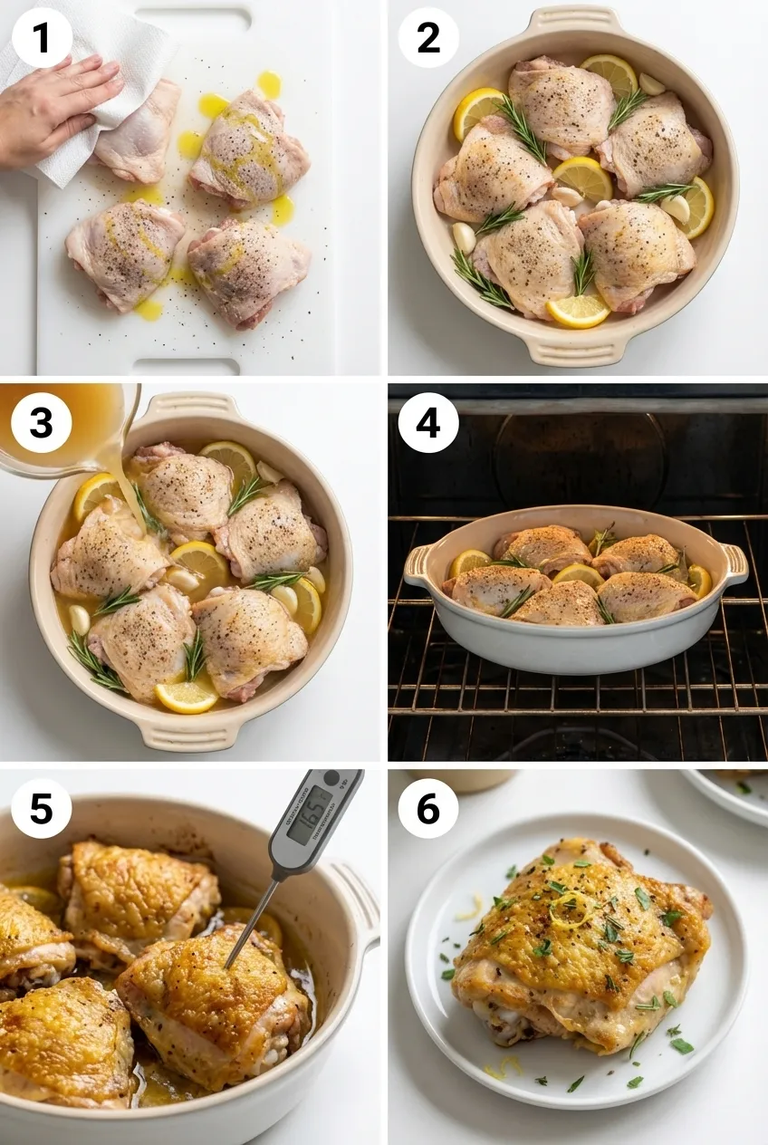 Lemon garlic chicken bake in a white ceramic dish, with roasted lemon slices and garlic cloves.