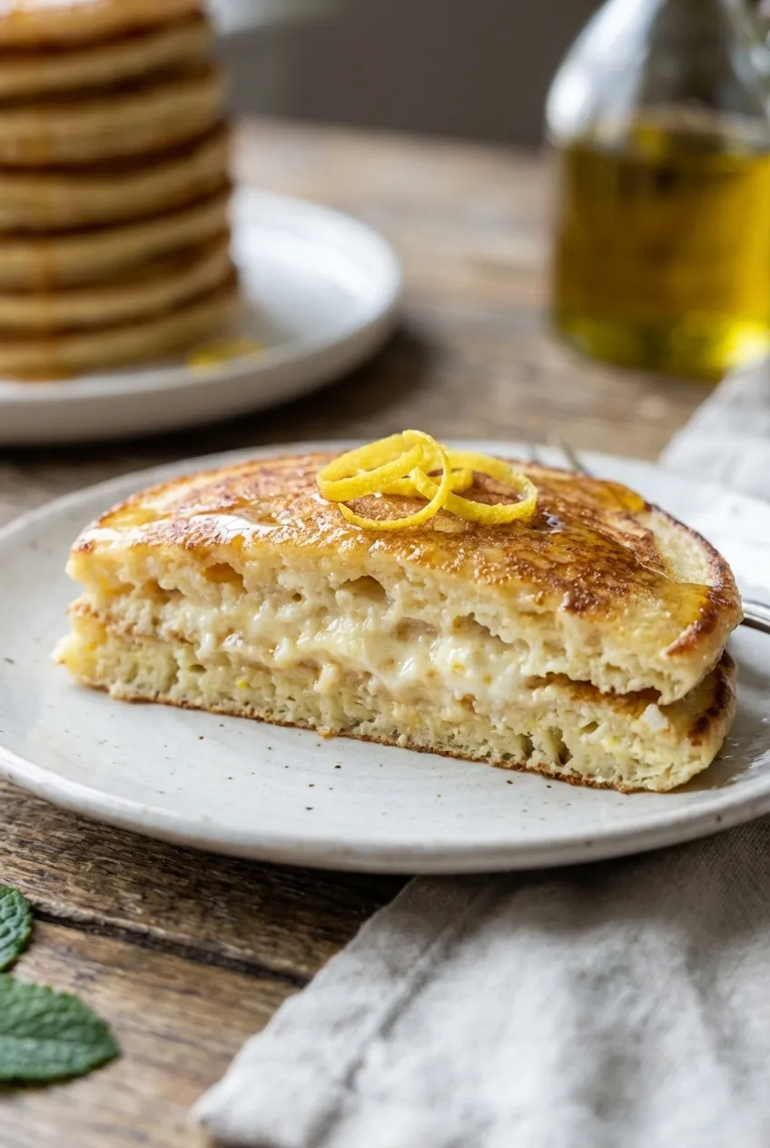 A stack of golden lemon ricotta pancakes on a white plate, garnished with mint and a dusting of powdered sugar.