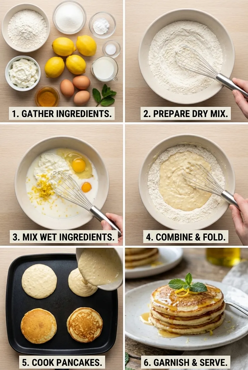 A stack of golden lemon ricotta pancakes on a white plate, garnished with mint and a dusting of powdered sugar.