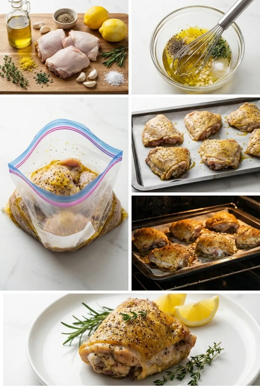 Oven-roasted lemon pepper chicken thighs on a baking sheet, with golden-brown crispy skin and a sprinkle of fresh herbs.