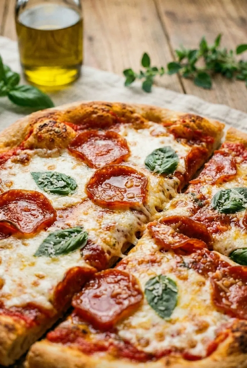 An overhead shot of a freshly baked homemade pepperoni pizza on a pizza stone, with melted mozzarella and fresh basil.