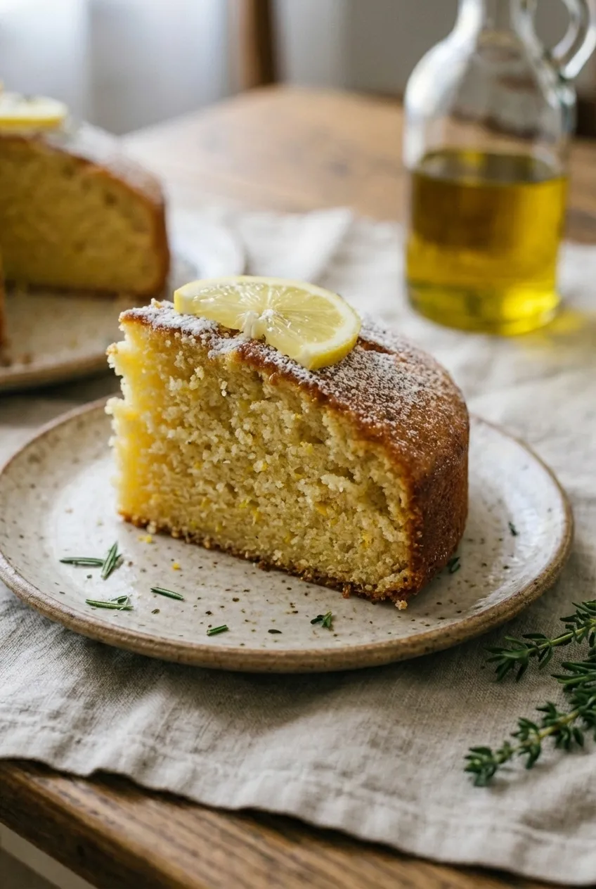 A slice of lemon olive oil cake on a white plate, dusted with powdered sugar, with the full cake in the background.