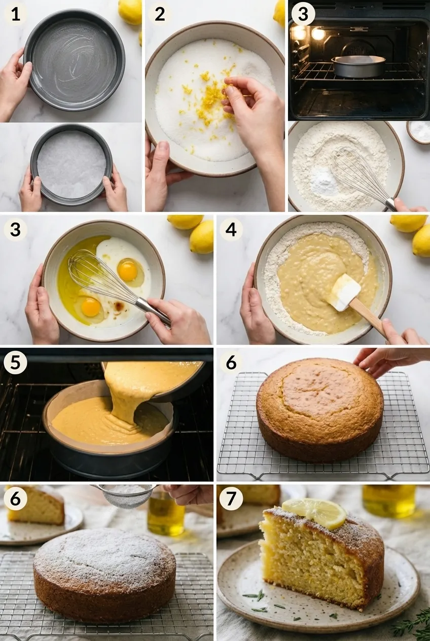 A slice of lemon olive oil cake on a white plate, dusted with powdered sugar, with the full cake in the background.