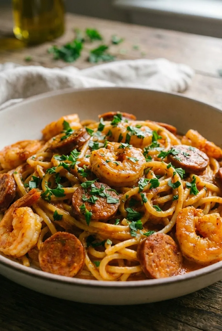 A large skillet of one-pot creamy Cajun pasta with pink shrimp, sliced sausage, and a garnish of fresh parsley.