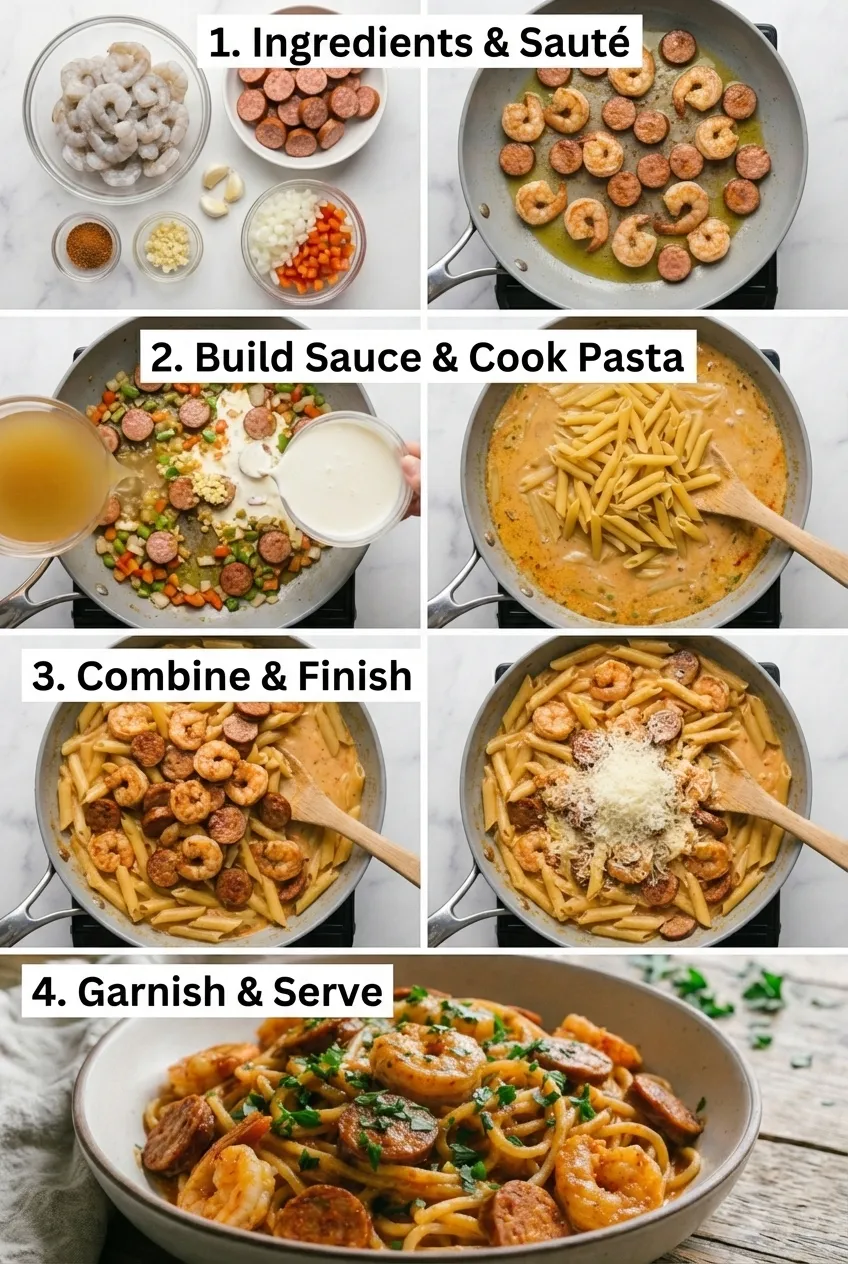 A large skillet of one-pot creamy Cajun pasta with pink shrimp, sliced sausage, and a garnish of fresh parsley.