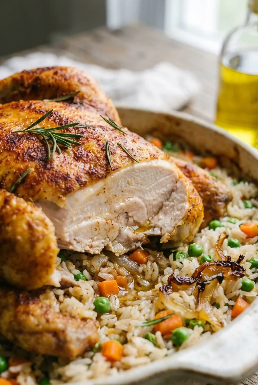 An overhead view of one-pot chicken and rice in a dutch oven, garnished with fresh rosemary sprigs.