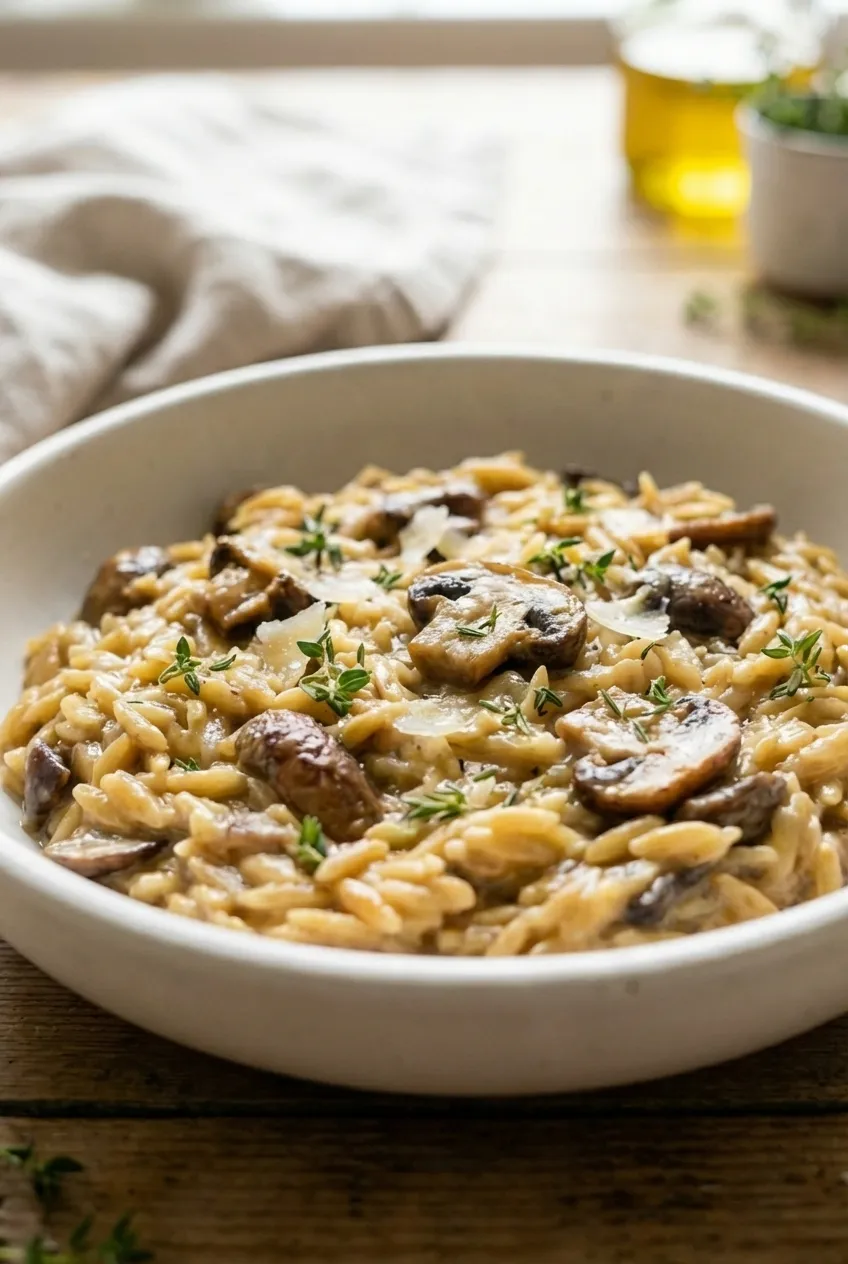 A large pot of creamy mushroom orzo with fresh thyme, viewed from the side.