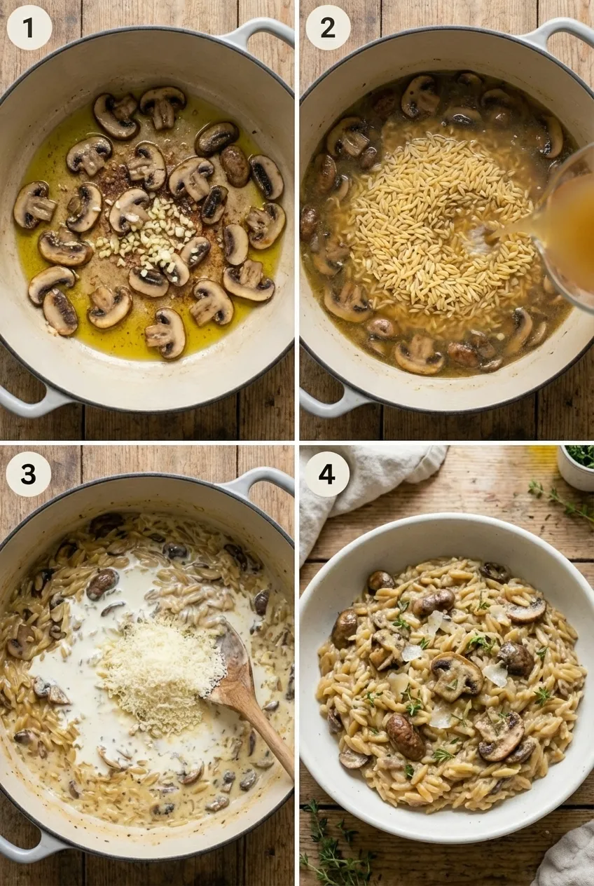 A large pot of creamy mushroom orzo with fresh thyme, viewed from the side.