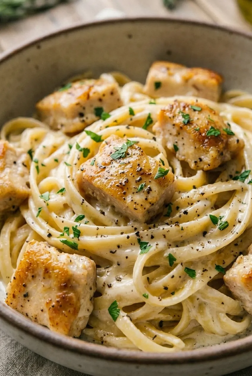A white bowl of one-pot garlic chicken Alfredo with fettuccine, topped with freshly cracked black pepper and parsley.