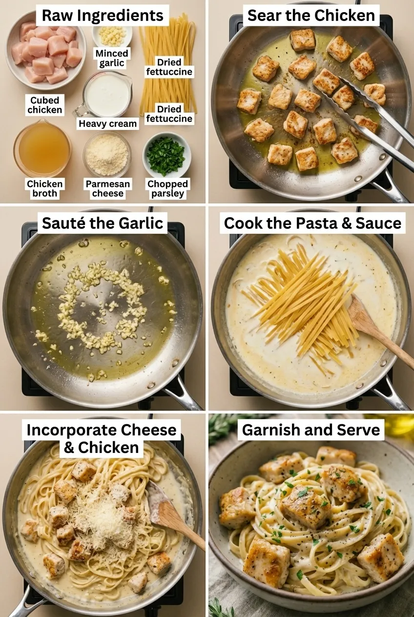 A large skillet filled with creamy one-pot garlic chicken Alfredo pasta, garnished with fresh chopped parsley.