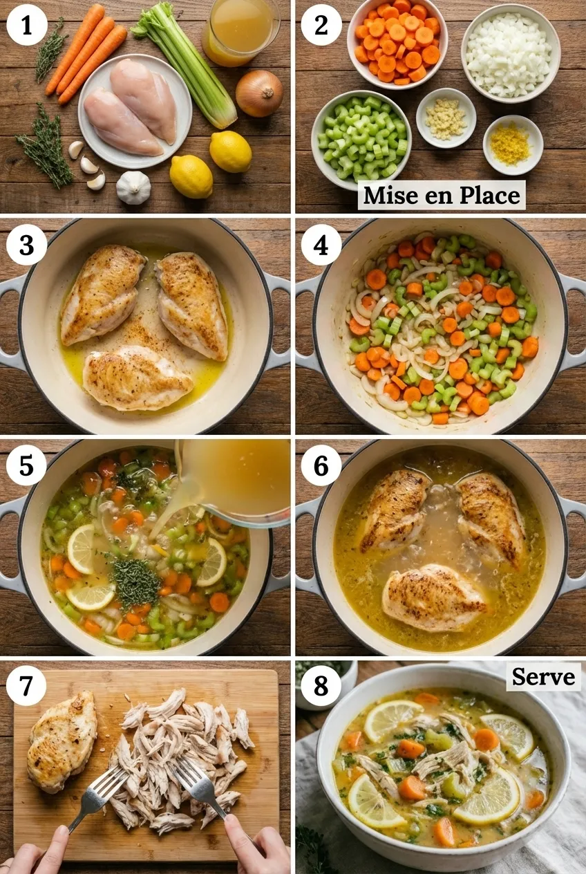 A white bowl of one-pot lemon chicken soup with shredded chicken, carrots, and a garnish of fresh parsley.