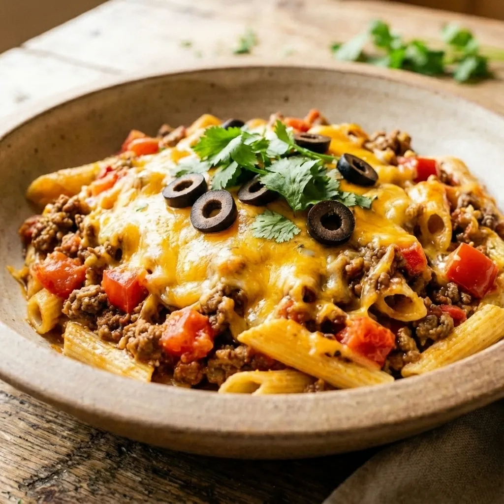 A large skillet filled with one-pot taco pasta, topped with melted cheese, black olives, and fresh cilantro.