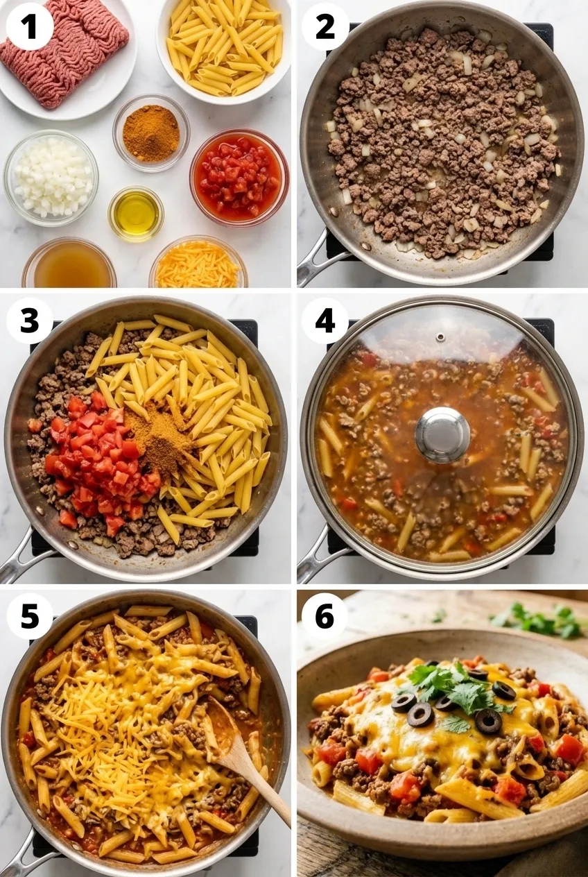 A large skillet filled with one-pot taco pasta, topped with melted cheese, black olives, and fresh cilantro.