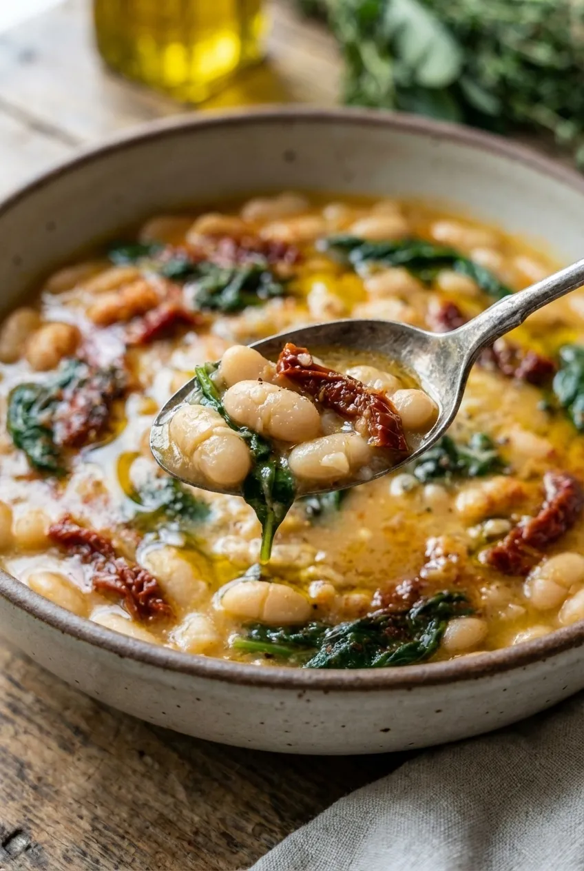 A rustic bowl of Tuscan white beans with spinach and sun-dried tomatoes, garnished with Parmesan cheese.