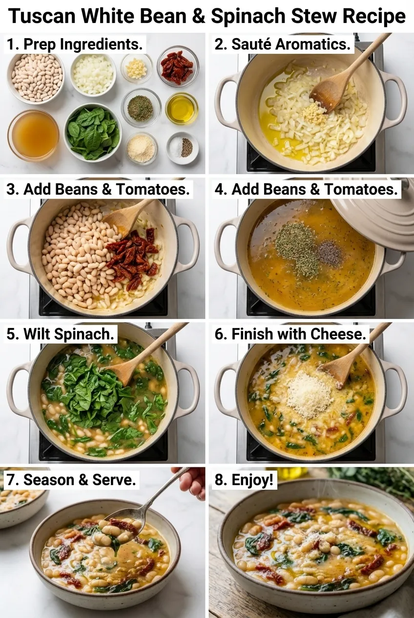 A rustic bowl of Tuscan white beans with spinach and sun-dried tomatoes, garnished with Parmesan cheese.