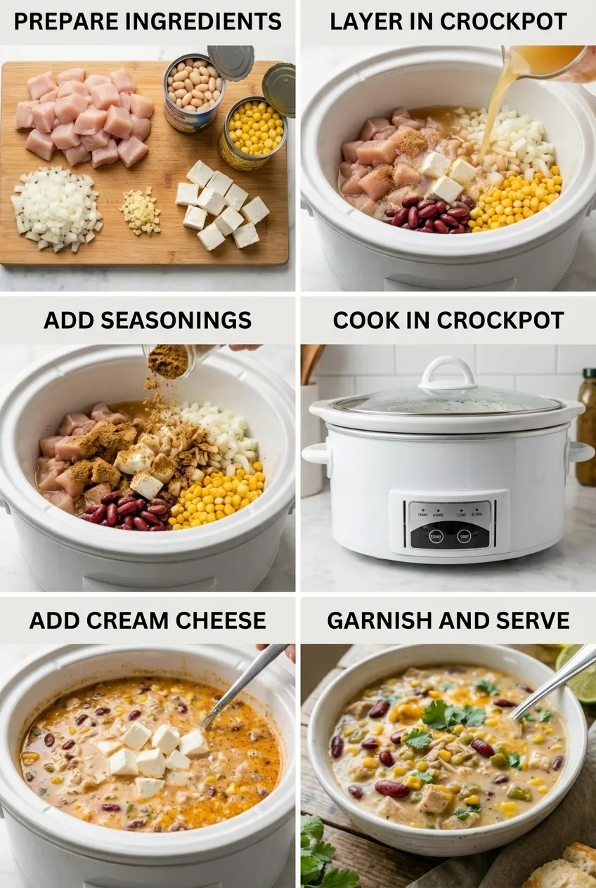 A bowl of creamy crockpot white chicken chili topped with shredded cheese, fresh cilantro, and a lime wedge.