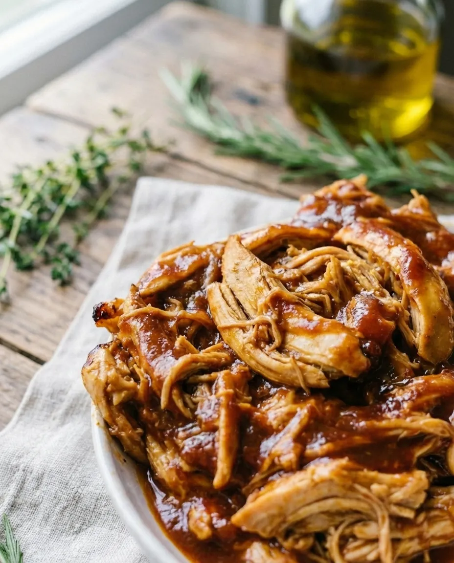 A bowl of slow cooker BBQ pulled chicken being shredded with two forks, with sauce coating the meat.