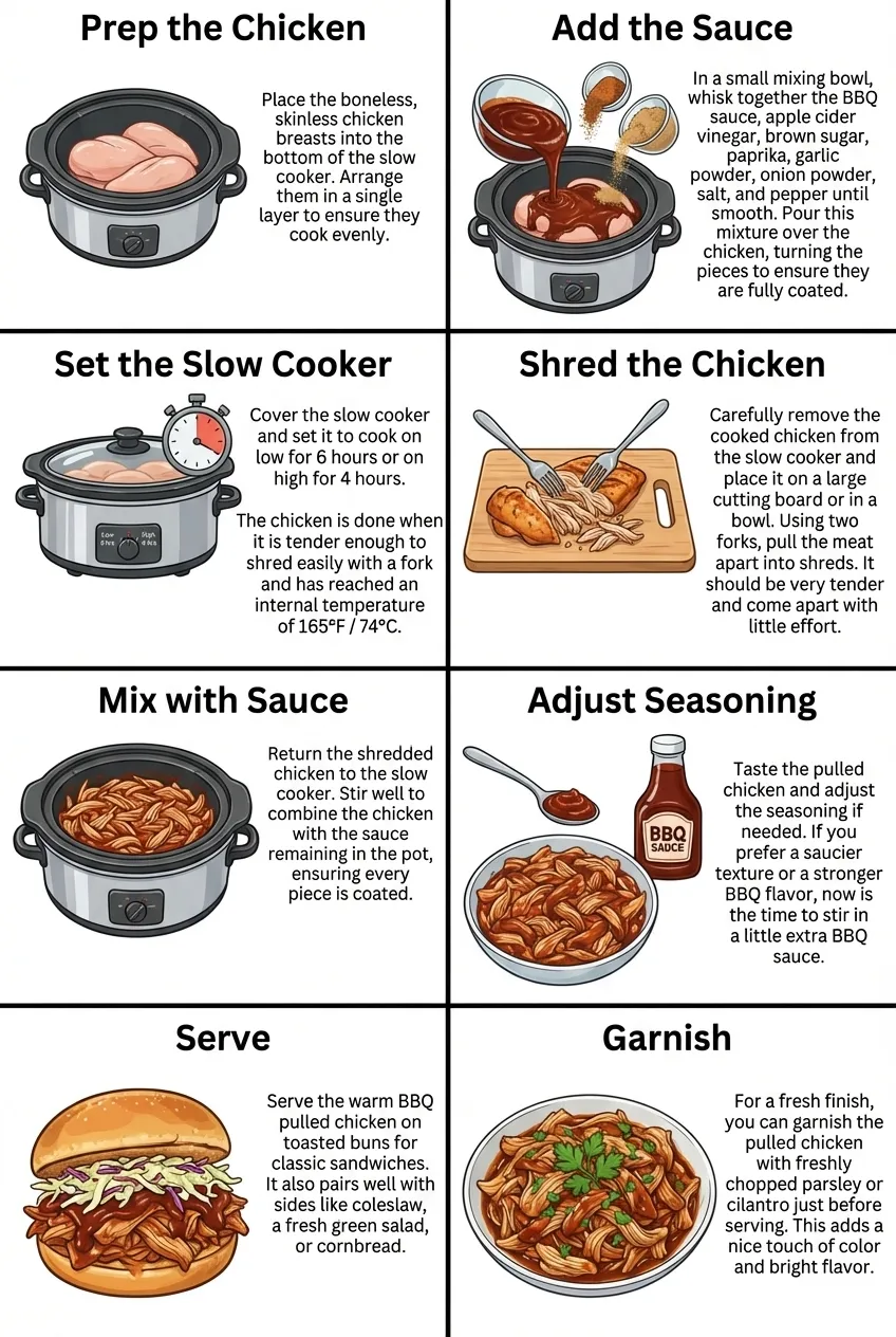 A bowl of slow cooker BBQ pulled chicken being shredded with two forks, with sauce coating the meat.