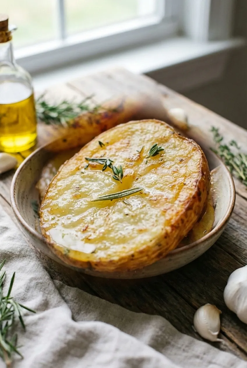 Overhead view of Crockpot Buttery Herb Potatoes in a white serving bowl, garnished with fresh herbs.