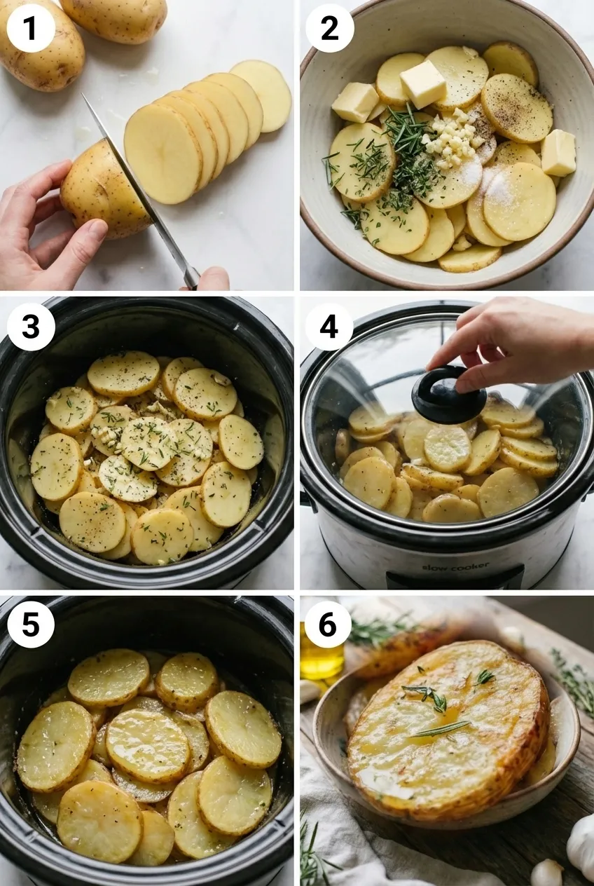 Overhead view of Crockpot Buttery Herb Potatoes in a white serving bowl, garnished with fresh herbs.