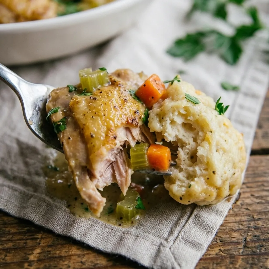 A white bowl of crockpot chicken and dumplings with carrots, celery, and a fresh parsley garnish.