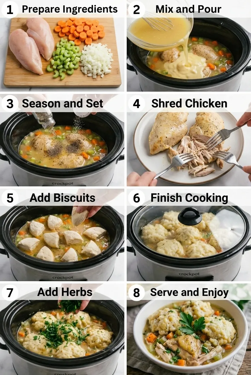 A white bowl of crockpot chicken and dumplings with carrots, celery, and a fresh parsley garnish.