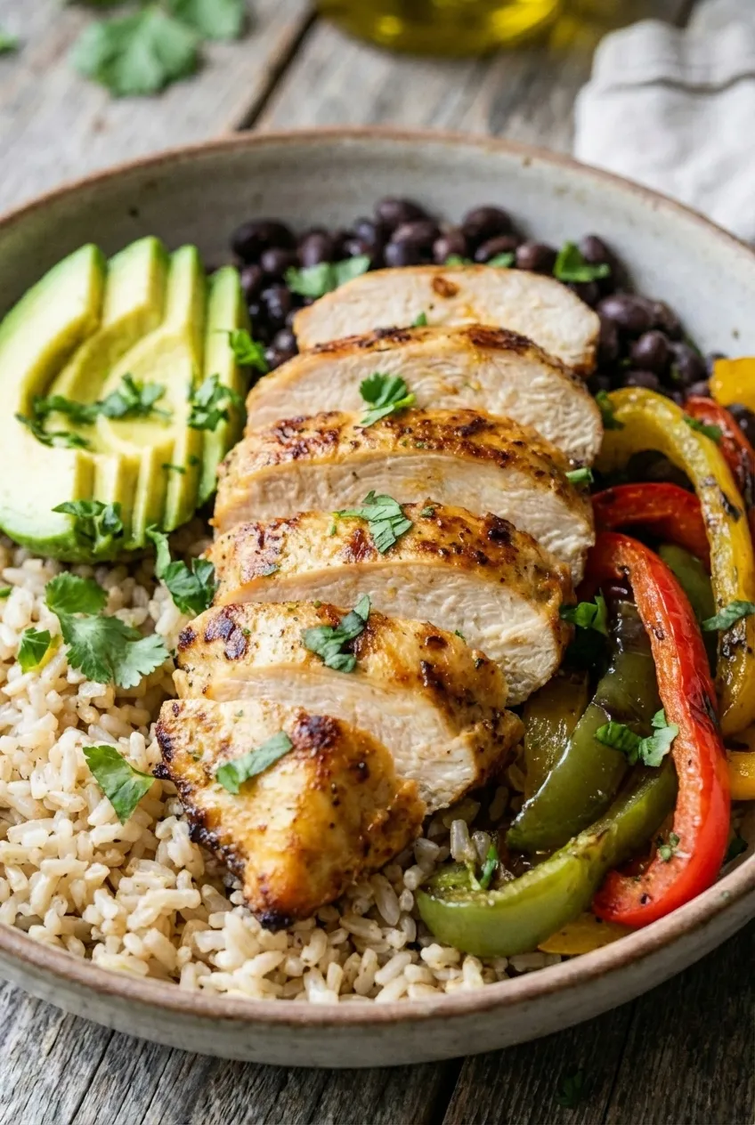 A chicken meal prep burrito bowl with sliced avocado, grilled peppers, and cilantro in a white bowl, viewed from the side.