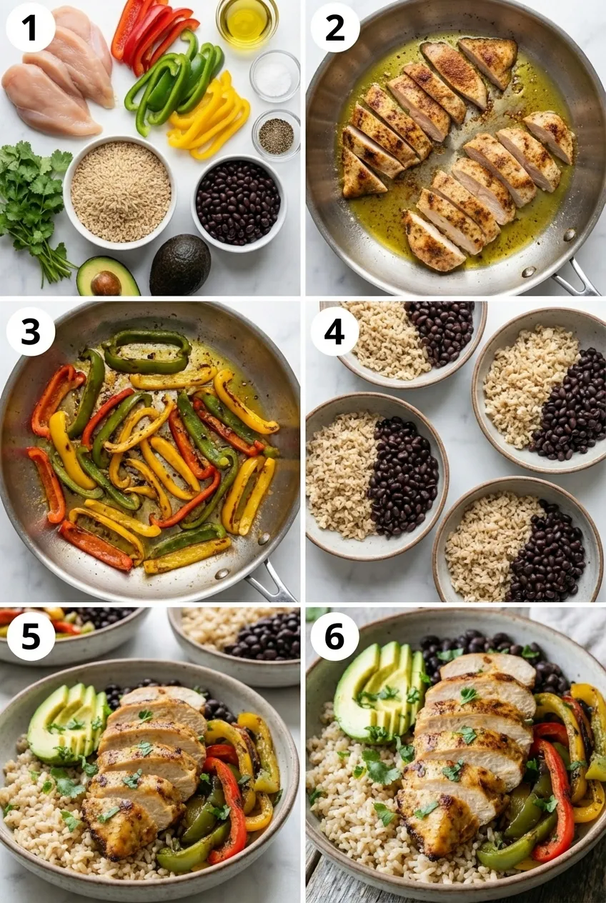 A chicken meal prep burrito bowl with sliced avocado, grilled peppers, and cilantro in a white bowl, viewed from the side.