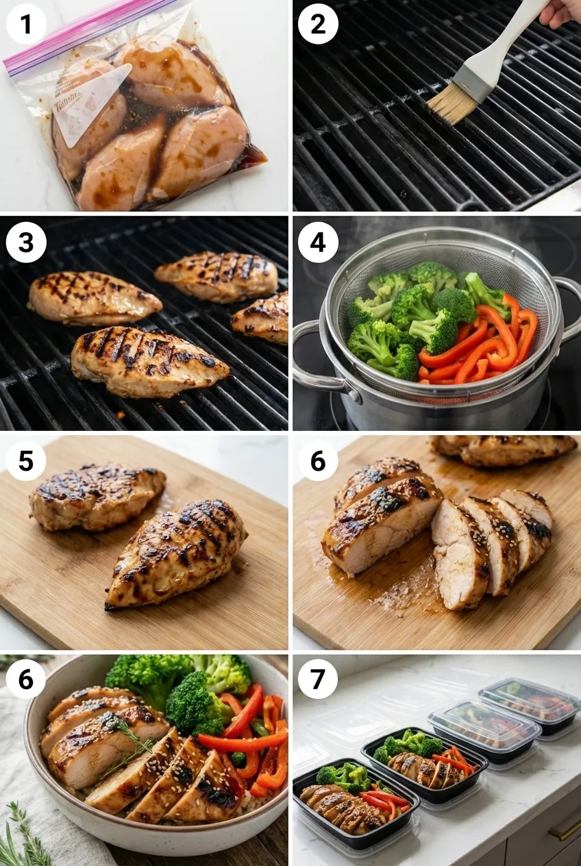 Grilled teriyaki chicken sliced and served in a meal prep container with steamed broccoli and red bell peppers.