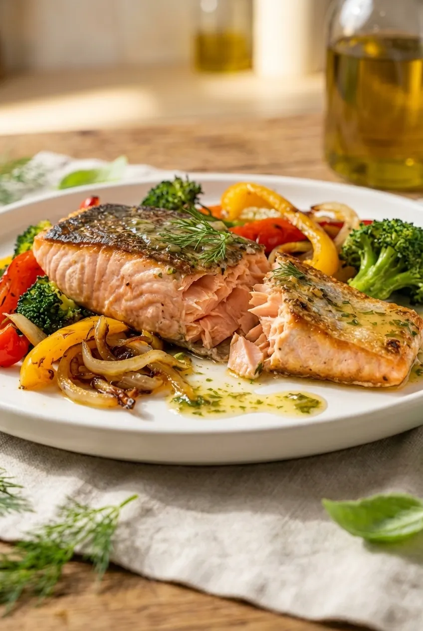 A sheet pan with four roasted salmon fillets, broccoli florets, and sliced red onion and bell peppers.