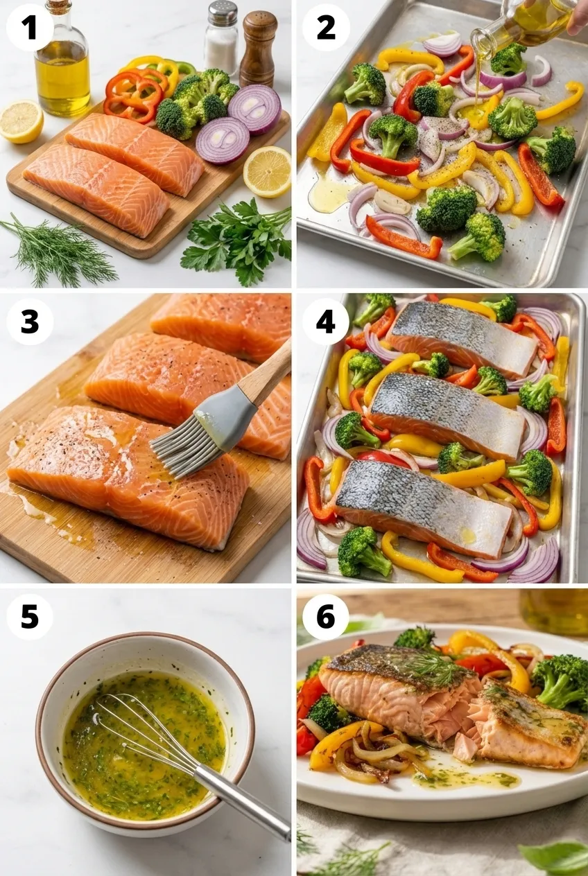 A sheet pan with four roasted salmon fillets, broccoli florets, and sliced red onion and bell peppers.