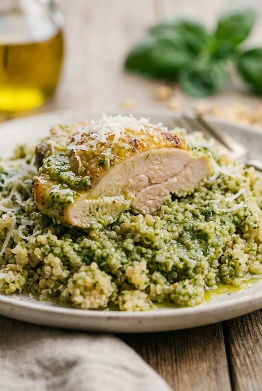 An overhead view of four chicken pesto quinoa meal prep bowls ready for the week in glass containers.