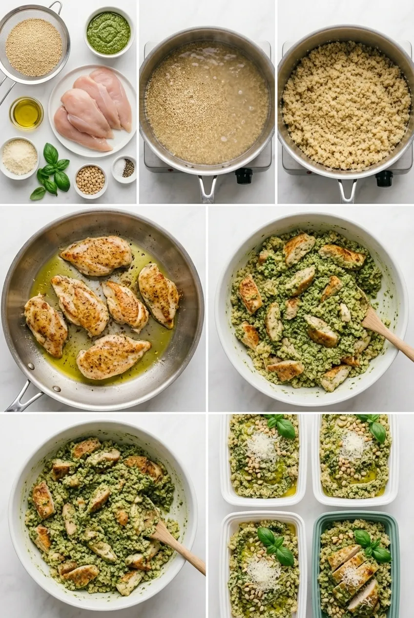 A glass meal prep container filled with chicken pesto quinoa, topped with fresh basil and toasted pine nuts.