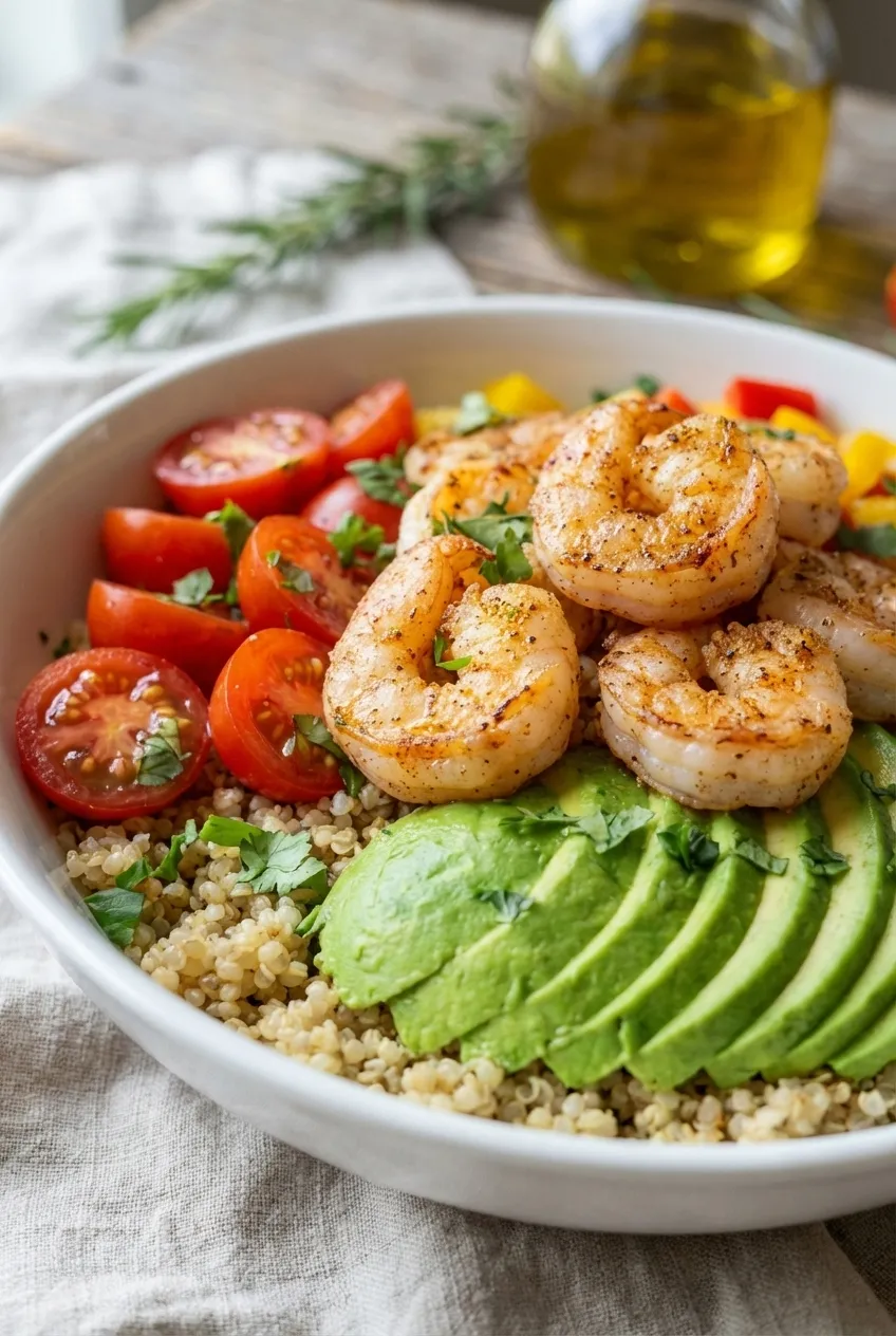 Overhead view of four shrimp taco meal prep bowls with quinoa, avocado, tomatoes, and peppers in glass containers.