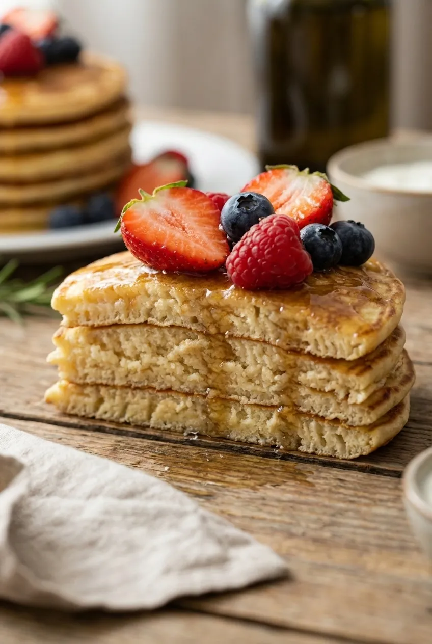 Overhead view of a non-stick skillet with three high-protein pancakes cooking, bubbles forming on their surface.
