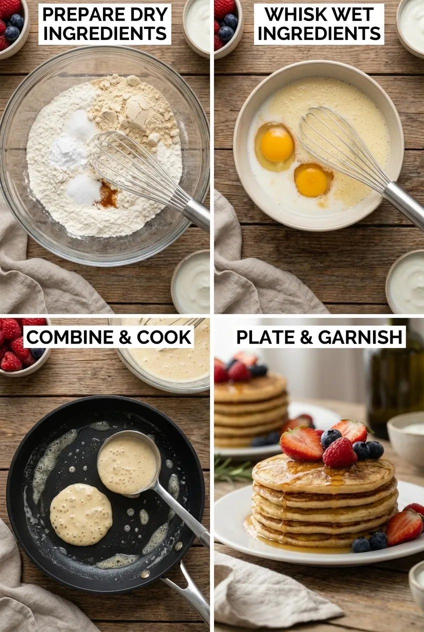 A stack of high-protein pancakes on a white plate, topped with fresh berries and drizzled with maple syrup.