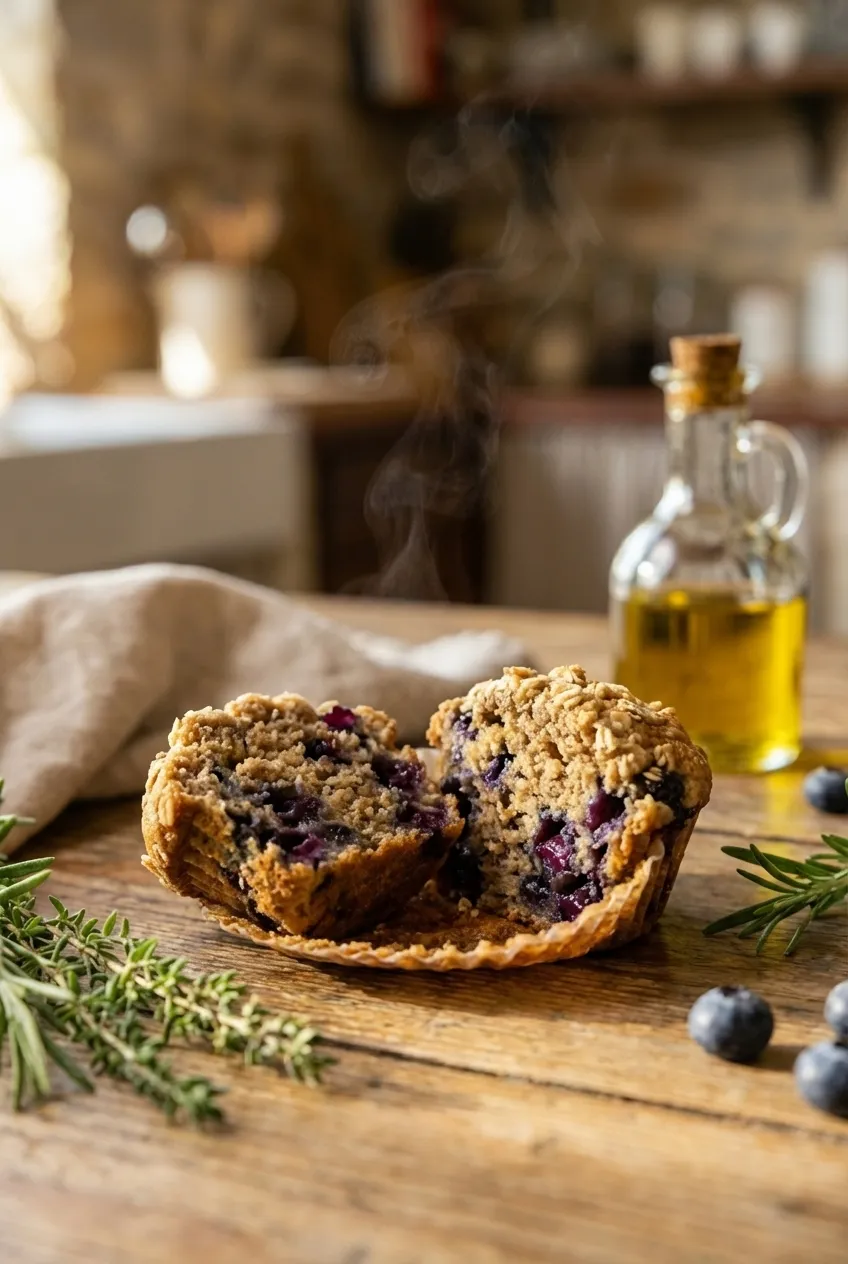 A batch of protein blueberry muffins cooling on a wire rack, with one muffin broken open to show the soft interior.