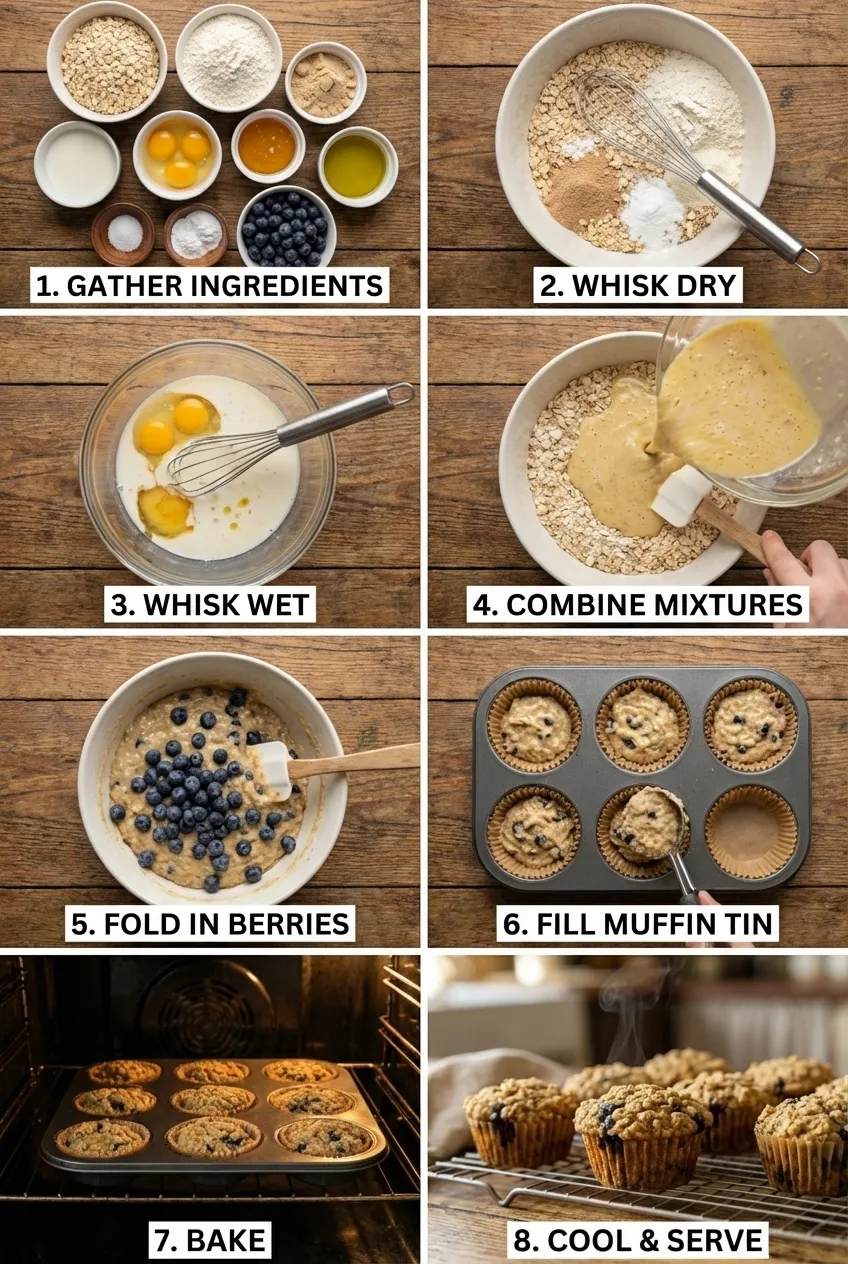 A batch of protein blueberry muffins cooling on a wire rack, with one muffin broken open to show the soft interior.