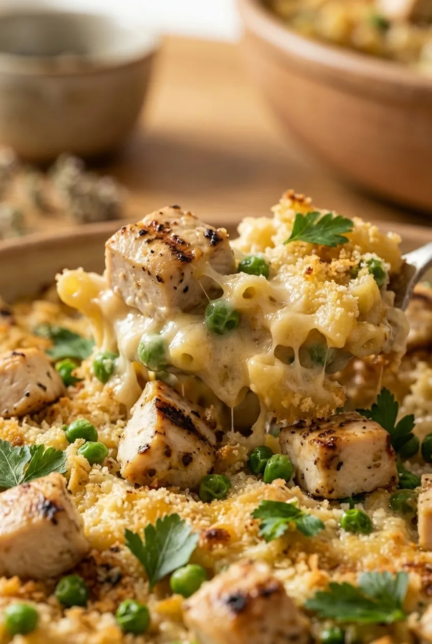 A serving of baked protein mac and cheese in a white bowl, with visible chicken, peas, and a golden cheesy topping.