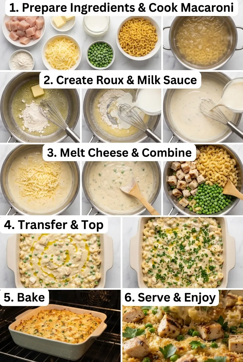 A serving of baked protein mac and cheese in a white bowl, with visible chicken, peas, and a golden cheesy topping.