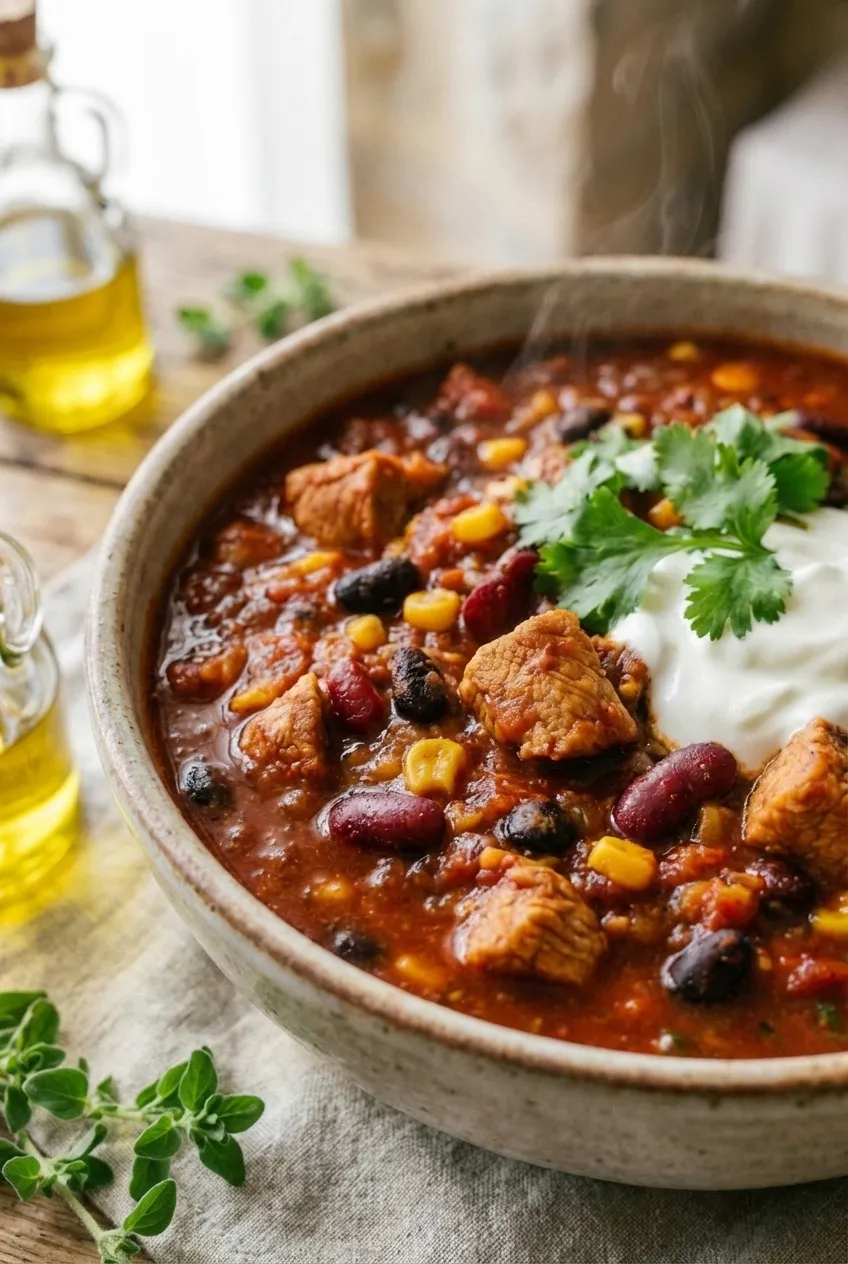 A bowl of high protein turkey chili topped with Greek yogurt and fresh cilantro, seen from a slight angle.