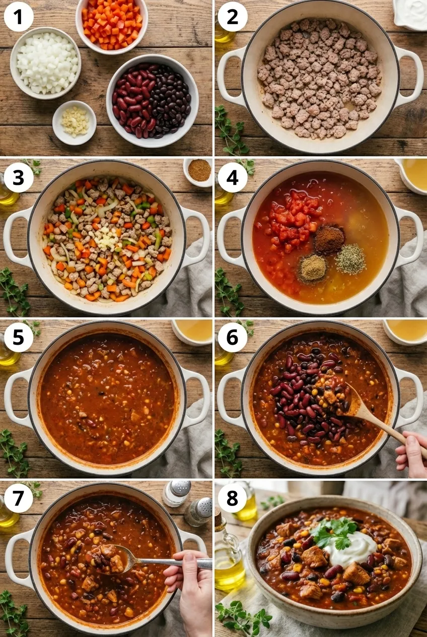 A bowl of high protein turkey chili topped with Greek yogurt and fresh cilantro, seen from a slight angle.