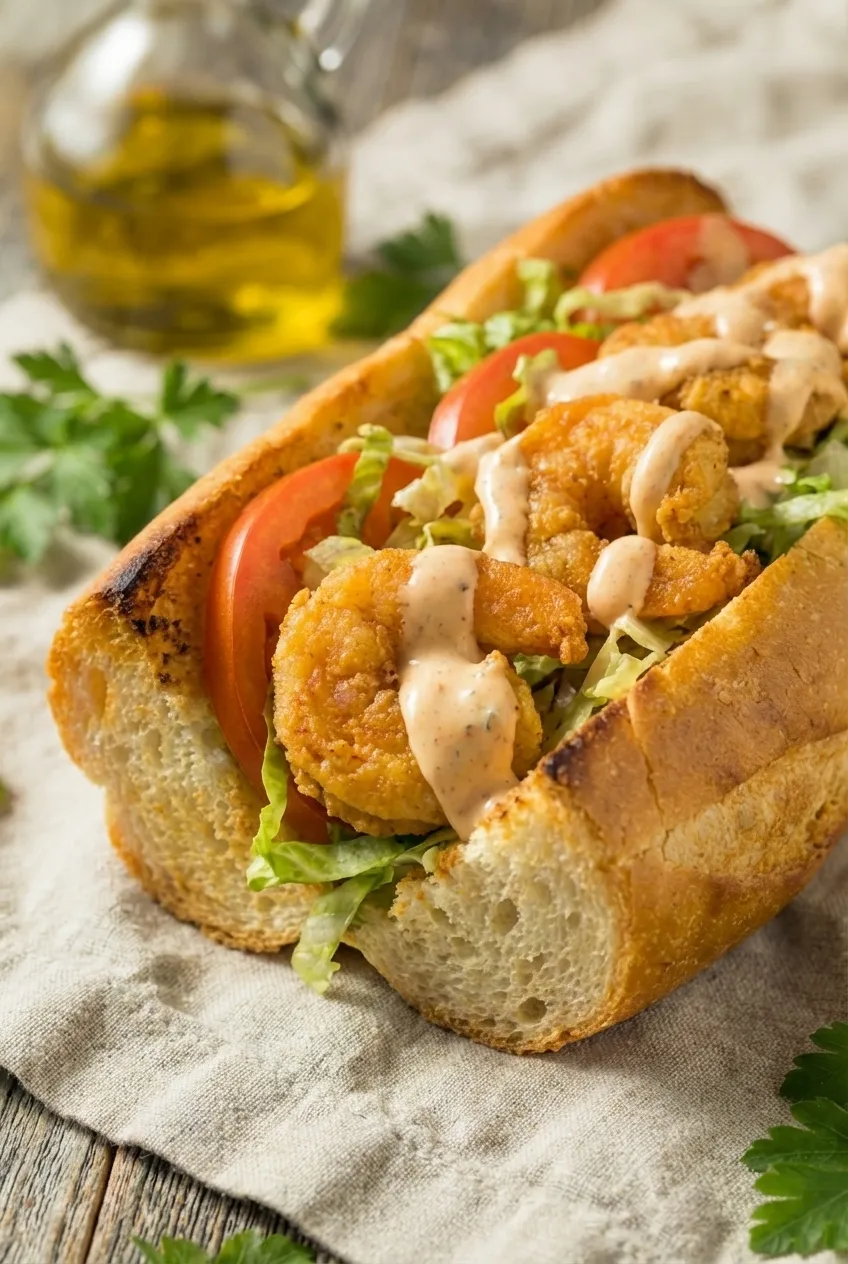 A shrimp po' boy sandwich cut in half on a plate, showing crispy fried shrimp, lettuce, and tomato in a French roll.