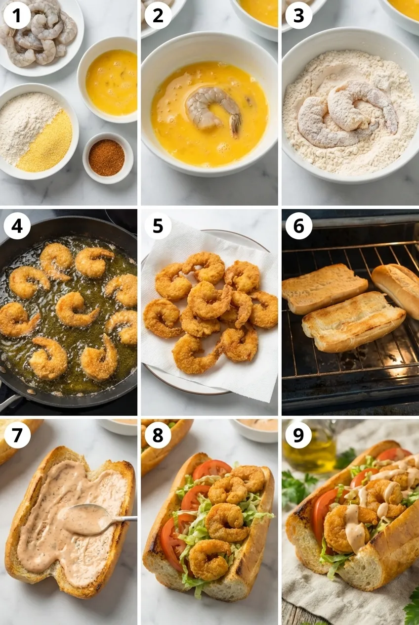 A shrimp po' boy sandwich cut in half on a plate, showing crispy fried shrimp, lettuce, and tomato in a French roll.