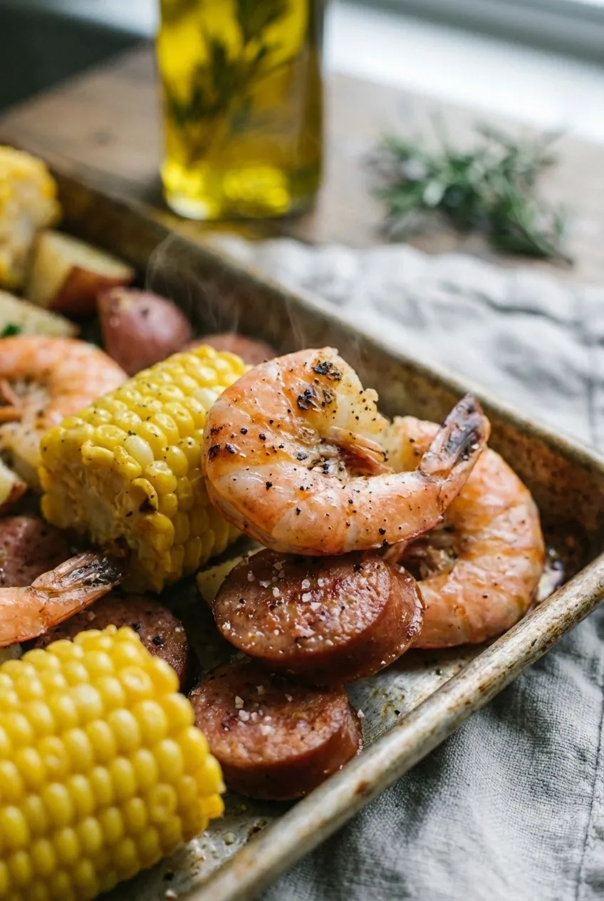 A sheet pan shrimp boil with shrimp, sliced sausage, corn, and red potatoes fresh from the oven, garnished with parsley.