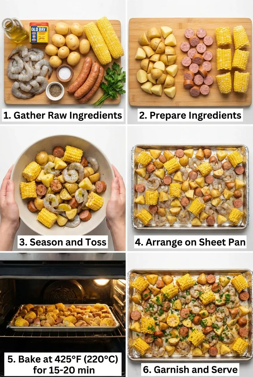 A sheet pan shrimp boil with shrimp, sliced sausage, corn, and red potatoes fresh from the oven, garnished with parsley.