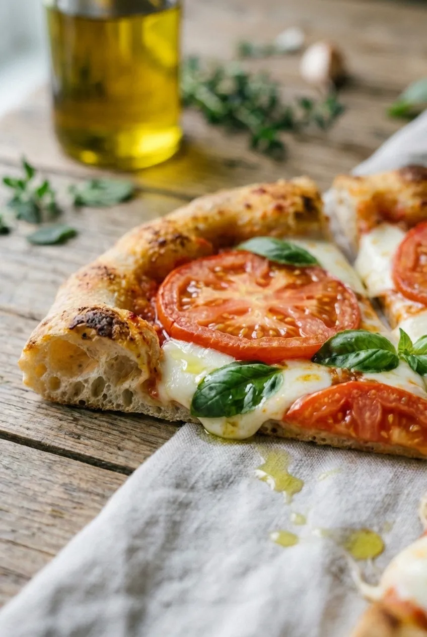 A ball of sourdough discard pizza dough on a lightly floured surface next to a rolling pin.